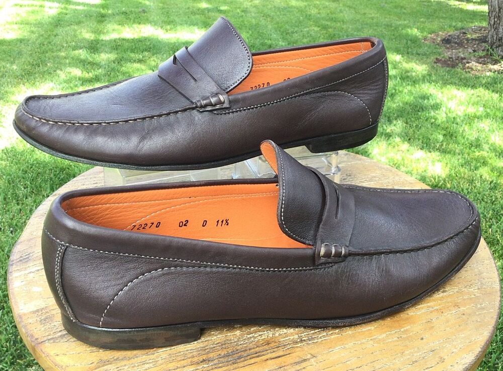 Santoni Mens Size 11.5 D Leather Austin Penny Loafers Brown 72270 Italy